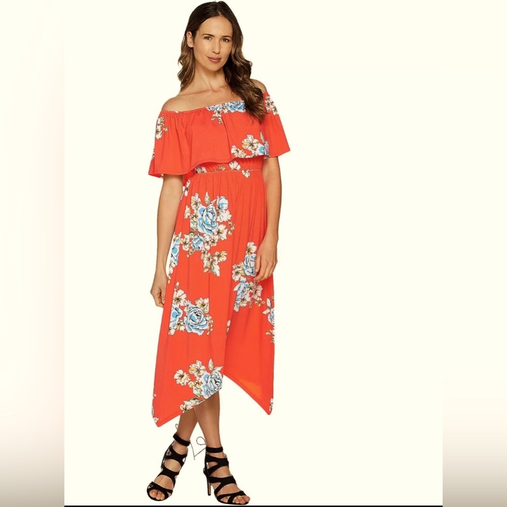 Du Jour Off the Shoulder Floral Printed Knit Dress  Hot Coral Size L